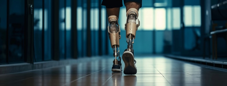 A person with two above-the-knee prosthetic legs walks in a modern building, showing medbridge digital healthcare advances.