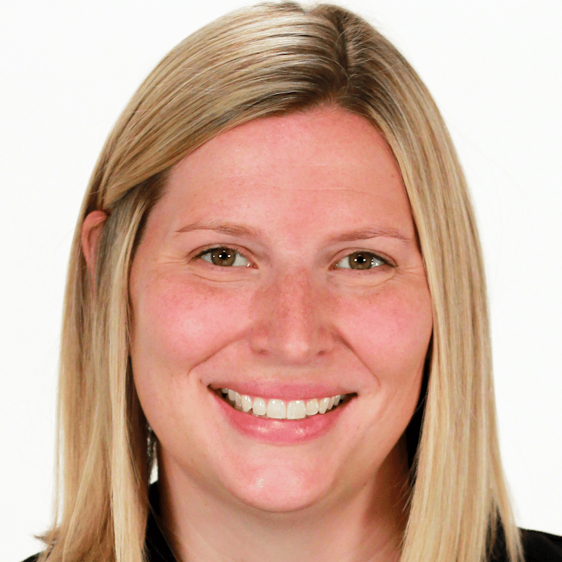 A smiling person with shoulder-length blonde hair on a plain white background, referencing medbridge.