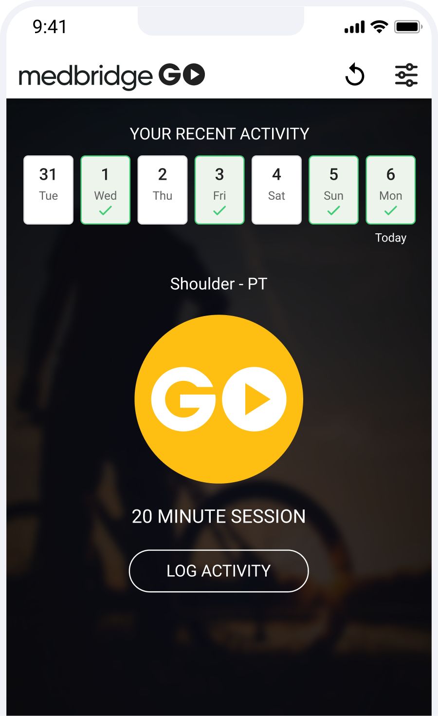 Medbridge app screen showing a 20-min session button and checked-off dates for completed shoulder therapy.