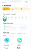 Mobile healthcare dashboard showing streak tracker, today's tasks, and progress on exercise sessions in the medbridge app.