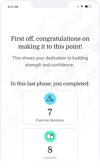 A mobile screen shows a message for finishing 7 exercise sessions and 8 lessons in the final phase of a medbridge program.