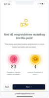 App screen showing phase 1 progress in the Medbridge wellness program: 32 exercise sessions and 4 lessons completed.