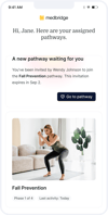 Medbridge app notification for new pathway invitation with woman doing squat exercise.
