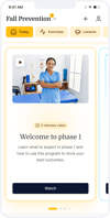 Smartphone showing a Medbridge fall prevention app video titled "Welcome to phase 1" with a person in blue standing with arms crossed.