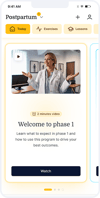 A mobile app screen shows a medbridge postpartum program video titled "Welcome to phase 1" with a watch button.