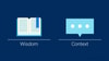Illustration of an open book labeled "Wisdom" next to a speech bubble labeled "Context" on a dark blue background, symbolizing digital healthcare's knowledge and understanding.
