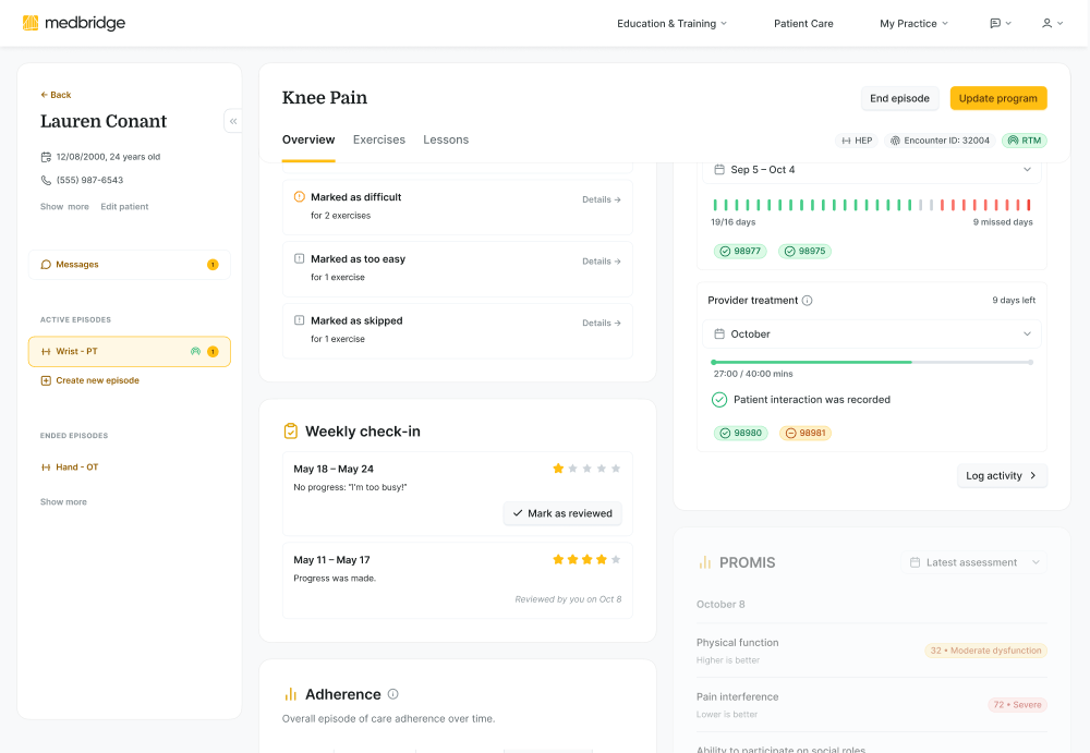 Medbridge dashboard showing Lauren Conant's knee pain treatment progress, check-ins, adherence, messages, and PROMIS scores.