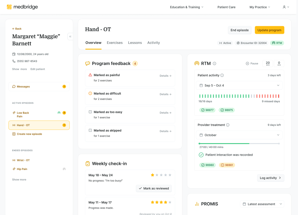 A Medbridge dashboard shows Margaret Barnett’s OT progress, feedback, check-ins, and metrics like RTM and PROMIS.