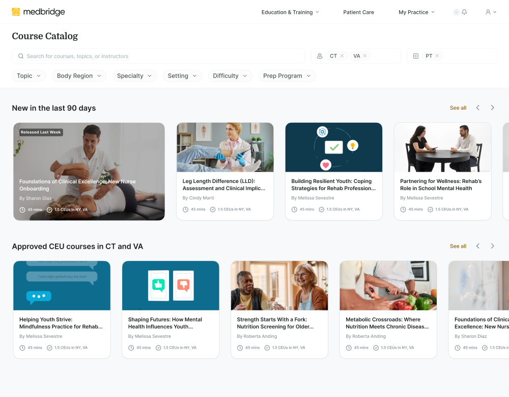 Online course catalog on medbridge showing healthcare and medical courses by category.