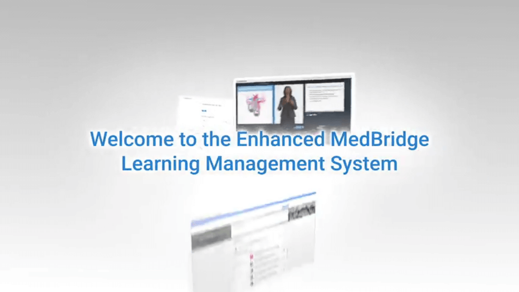 Welcome screen for the enhanced medBridge learning management system displaying healthcare education content and interface elements.