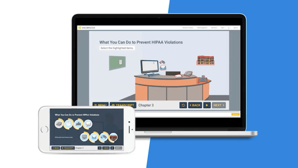 Devices display a Medbridge digital healthcare website on preventing HIPAA violations.