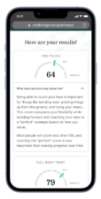 A smartphone displays a Medbridge fitness score webpage with a toe touch score of 64.