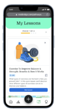 A smartphone displays a medbridge app lesson on exercise for balance and strength, with icons of a water bottle and weights.