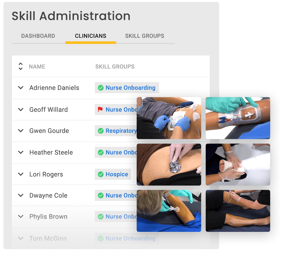 A healthcare dashboard shows clinician details and images of medical procedures, improving medbridge care software.