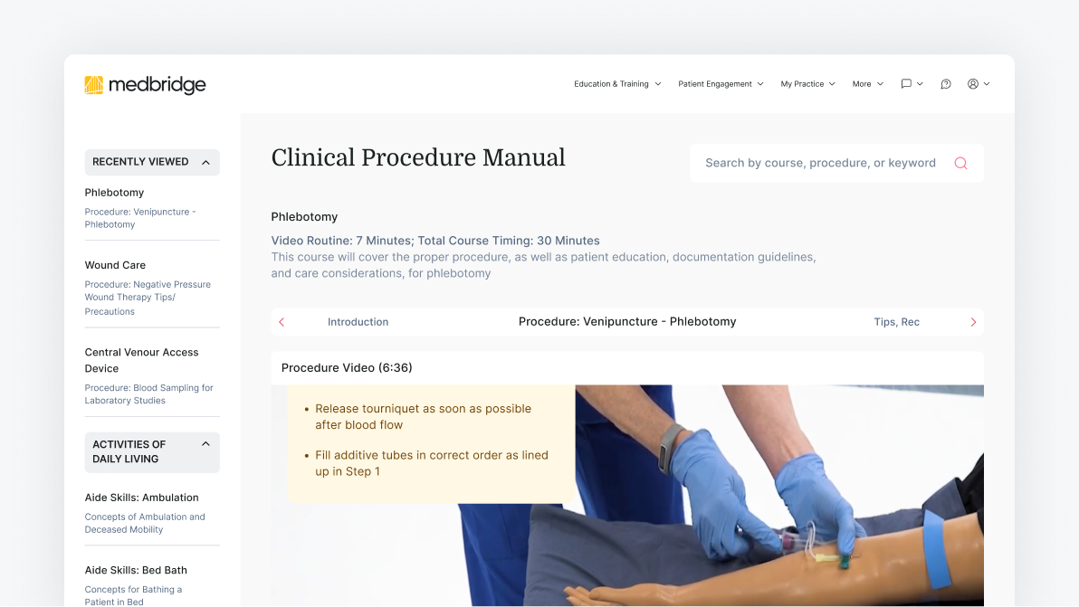 A computer displays a Medbridge phlebotomy manual with a venipuncture video and step-by-step instructions.