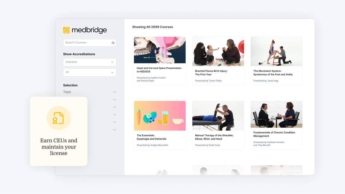 Medbridge website page showing online healthcare training courses and filters for accreditation and topics on the left.