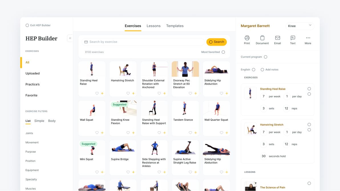 A physical therapy app by medbridge shows exercise videos, program info, and patient details in a right-side panel.