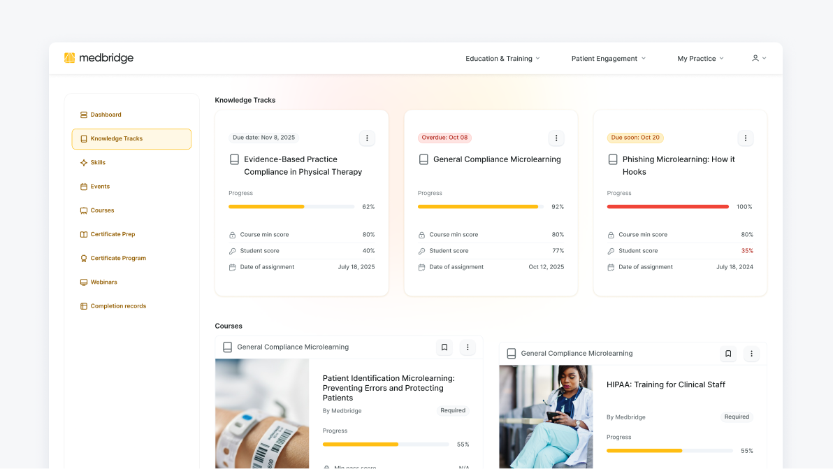 Medbridge dashboard showing progress and due dates for healthcare compliance courses.