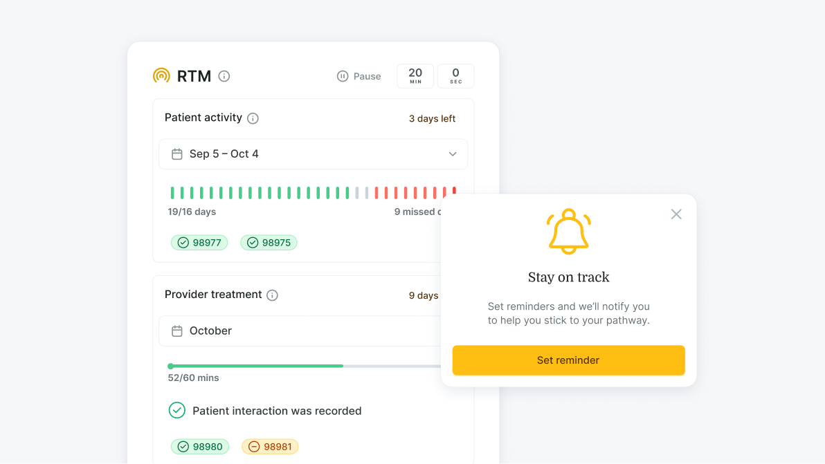 A medbridge app dashboard shows patient activity, pathway progress, and a reminder to set notifications.
