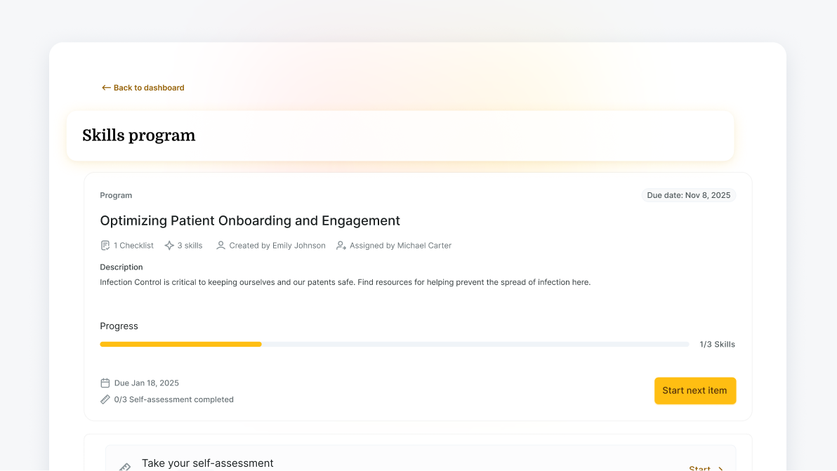 A medbridge dashboard shows a healthcare skills program with progress, due date, and a start button.