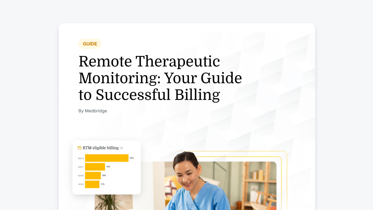 Cover of medbridge guide on remote therapeutic monitoring billing, showing a chart and a healthcare professional.