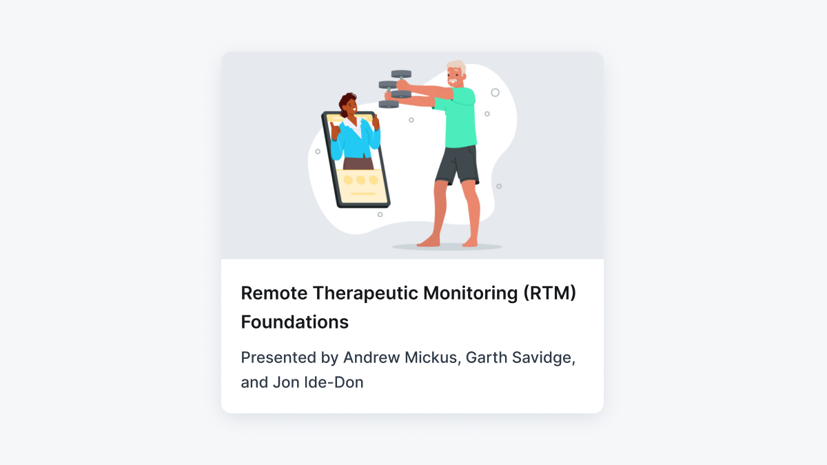 Older man follows a virtual exercise session at home on a tablet, with medbridge course details and presenter names shown below.