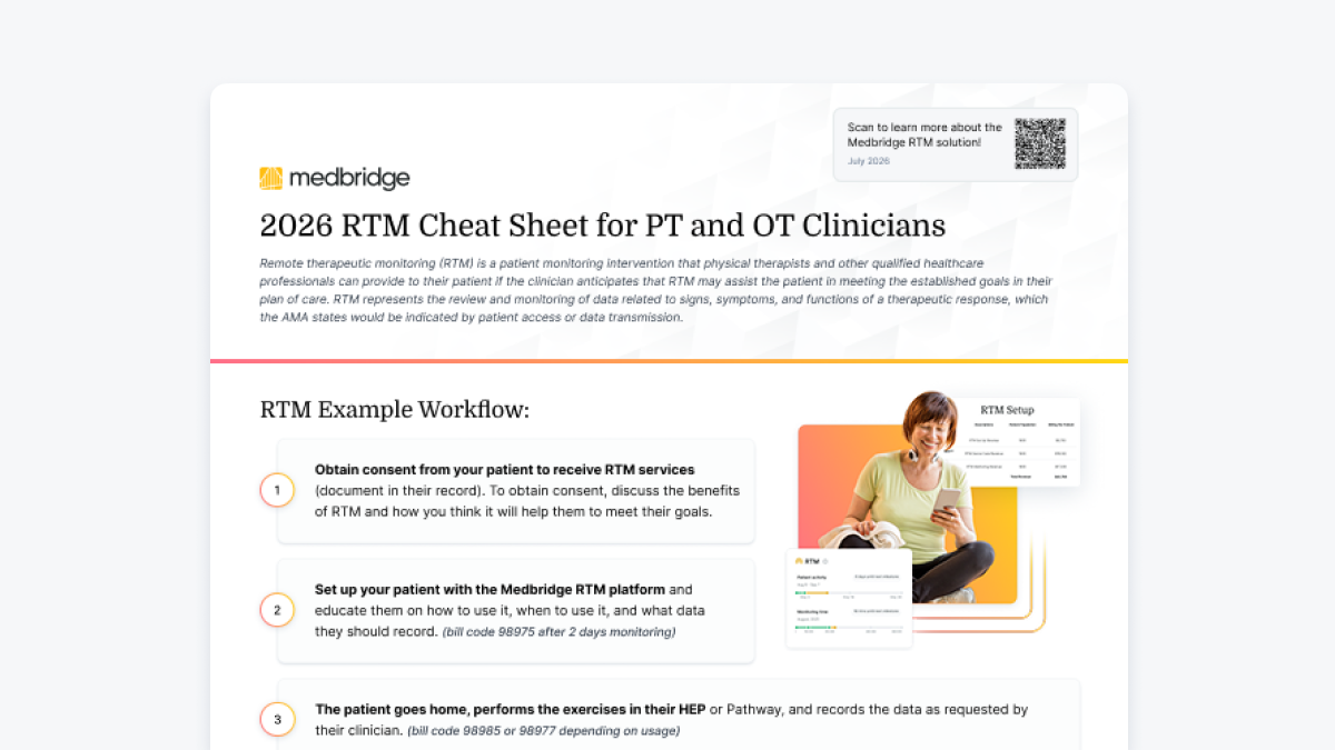 Screenshot of a medbridge guide called “2026 RTM Cheat Sheet for PT and OT Clinicians” with text instructions and example images.