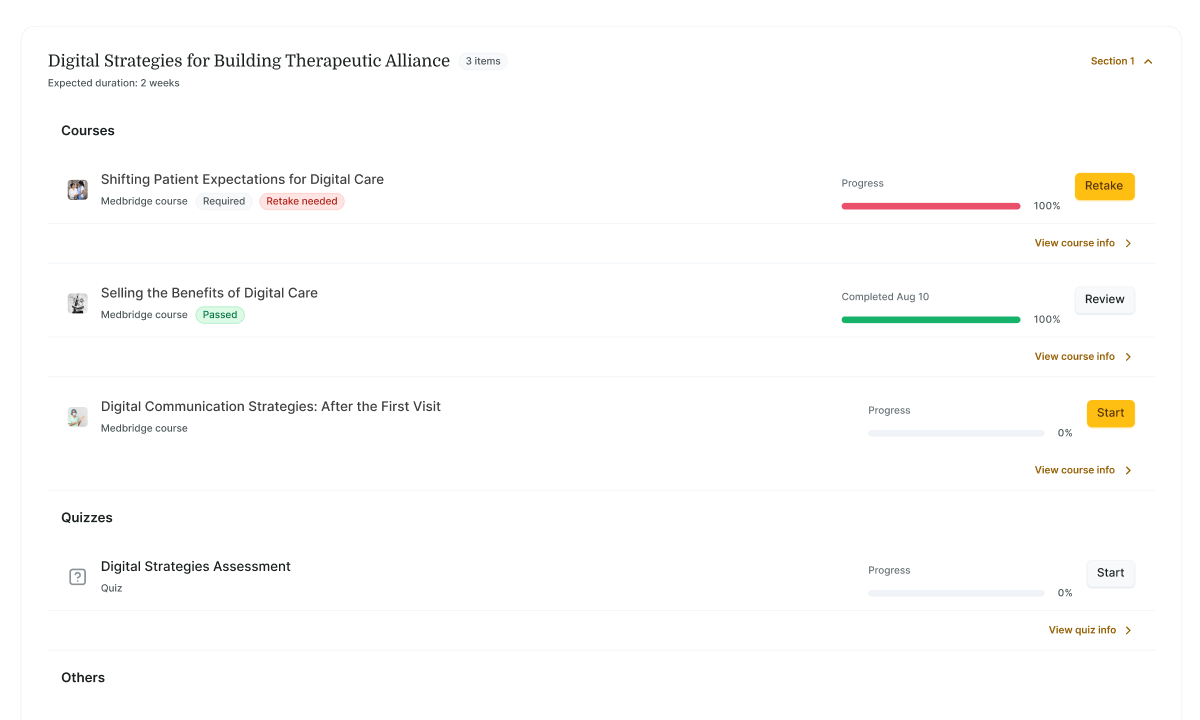 A medbridge dashboard shows progress bars for courses and a quiz, with options to Retake, Review, or Start.