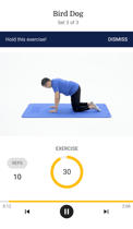 Person in workout clothes on all fours on a blue mat, starting bird dog exercise for medbridge training with 30 seconds left.