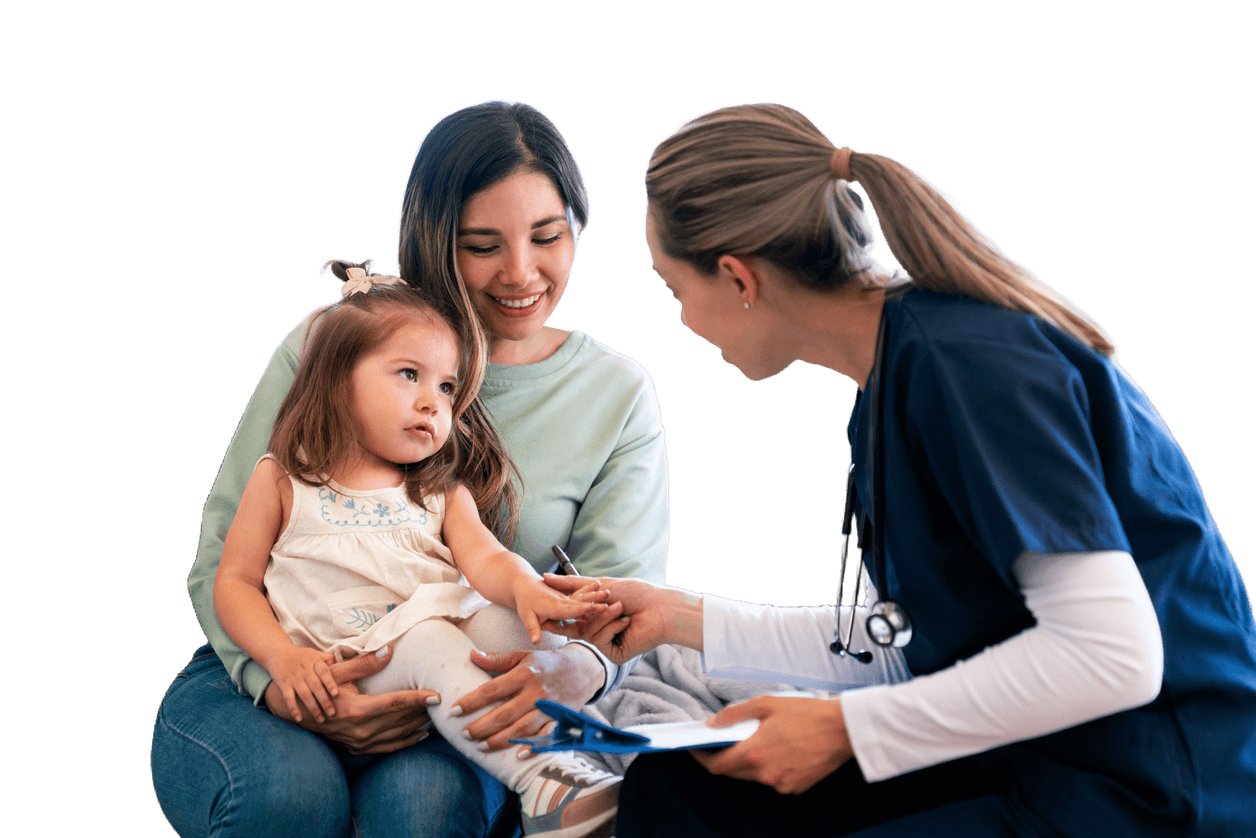 A nurse discusses digital care options with a smiling mother and her daughter using medbridge.