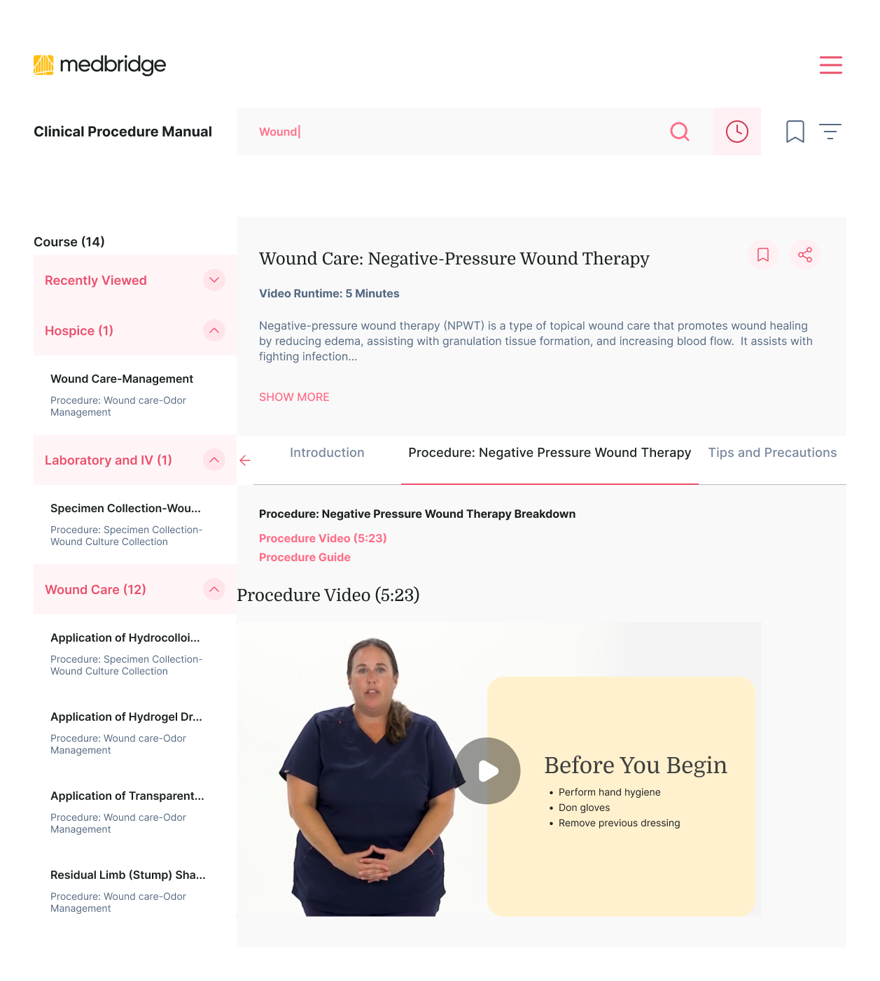 Screenshot of a medbridge page showing a 5:23-minute video titled "Negative-Pressure Wound Therapy.