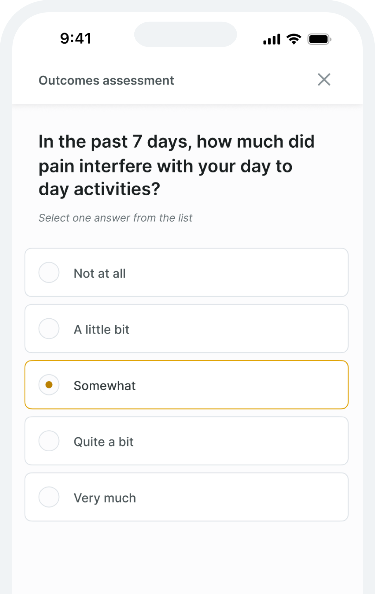 A digital Medbridge survey shows "Somewhat" selected for pain interference with daily activities in the past 7 days.