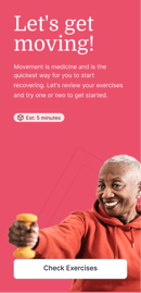 Older adult smiling while holding a dumbbell, with exercise encouragement and a "Check Exercises" button, on a red background.