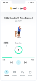 The medbridge app interface showcases a man doing a sit-to-stand exercise with 5 reps completed and navigation buttons at the bottom.
