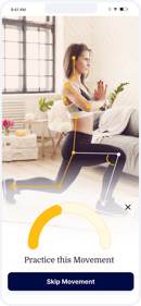 A person lunges in a well-lit room with posture alignment graphics and the phrase "Practice this Movement," alongside a "Skip Movement" button.