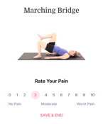 A person doing a marching bridge exercise on a mat with "Rate Your Pain" text and a pain scale set at 3, highlighting medbridge software in patient care.