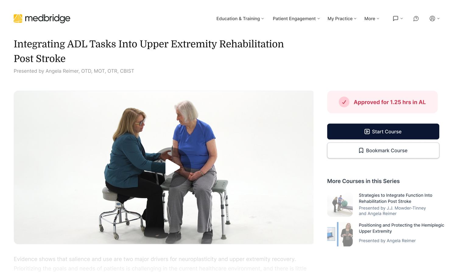 A therapist assists a woman with upper extremity rehab in a clinical setting, using medbridge techniques.