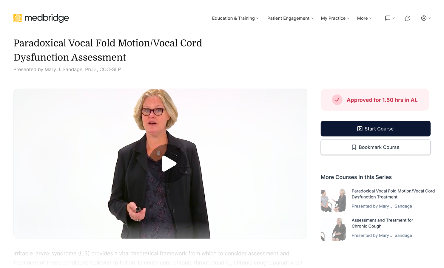 An individual uses a remote to present a video on vocal cord dysfunction assessment via medbridge.