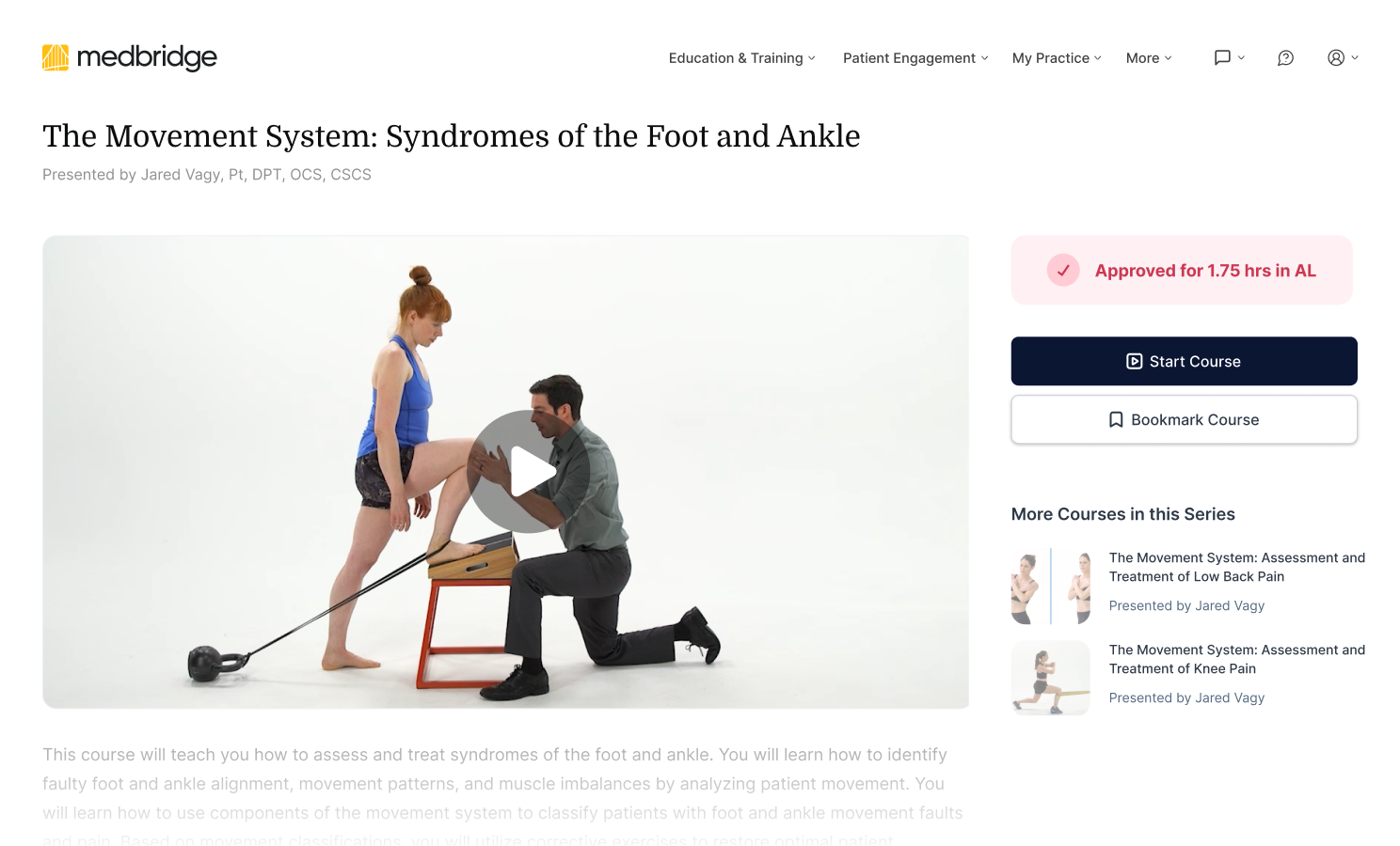 A physical therapist uses medbridge software during an ankle assessment on a seated patient.