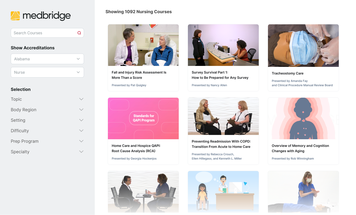 Screenshot of a Medbridge website listing nursing courses with images and course details.