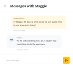 A medbridge chat shows Dr. Milo Paterson asking Maggie about knee pain, and she replies it's still bothering her.