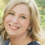 A smiling woman with wavy blonde hair, wearing a blue top and earrings, represents healthcare education for medbridge against a backdrop of greenery.