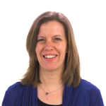 A smiling person with shoulder-length brown hair in a blue top represents the friendly face of medbridge's digital healthcare solutions.