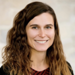 A smiling individual with long wavy brown hair and a striped top represents hybrid care in the digital age for medbridge.