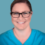 A smiling person in glasses and a turquoise scrub top symbolizes medbridge's advanced hybrid care software against a blue background.