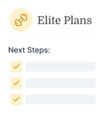 A dumbbell icon above "Elite Plans", with "Next Steps:" and a checklist, representing medbridge healthcare training software.