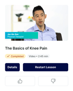 Screenshot of a completed 2:45 "The Basics of Knee Pain" video on medbridge, featuring a physical therapist.