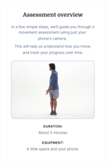 Side-facing person in neutral pose, illustrating a 5-minute Medbridge movement assessment using a phone camera.