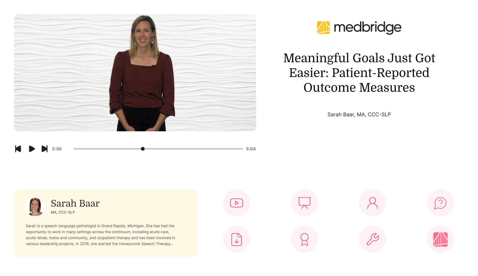 Sarah Baar, MA, CCC-SLP, smiles in a video on patient-reported outcomes with various icons and logos, including medbridge.