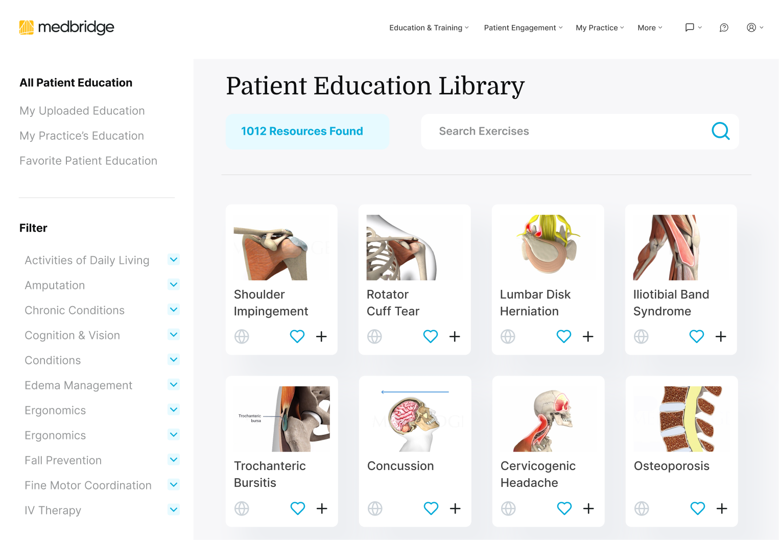 Screenshot of Medbridge's Patient Education Library featuring search options and illustrations of medical conditions like shoulder impingement and lumbar disk herniation.